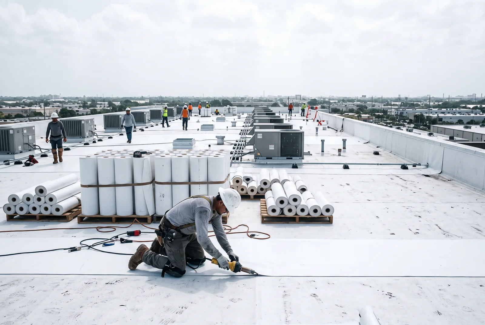 A crew welding membrane on a Florida commercial flat roof