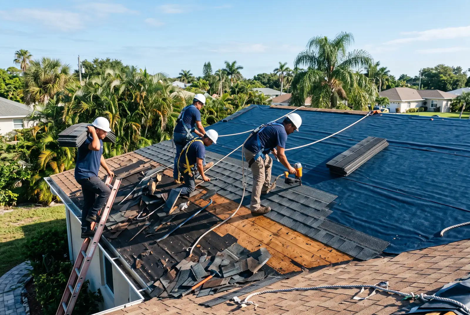 A roofing crew replacing a roof in San Carlos Park