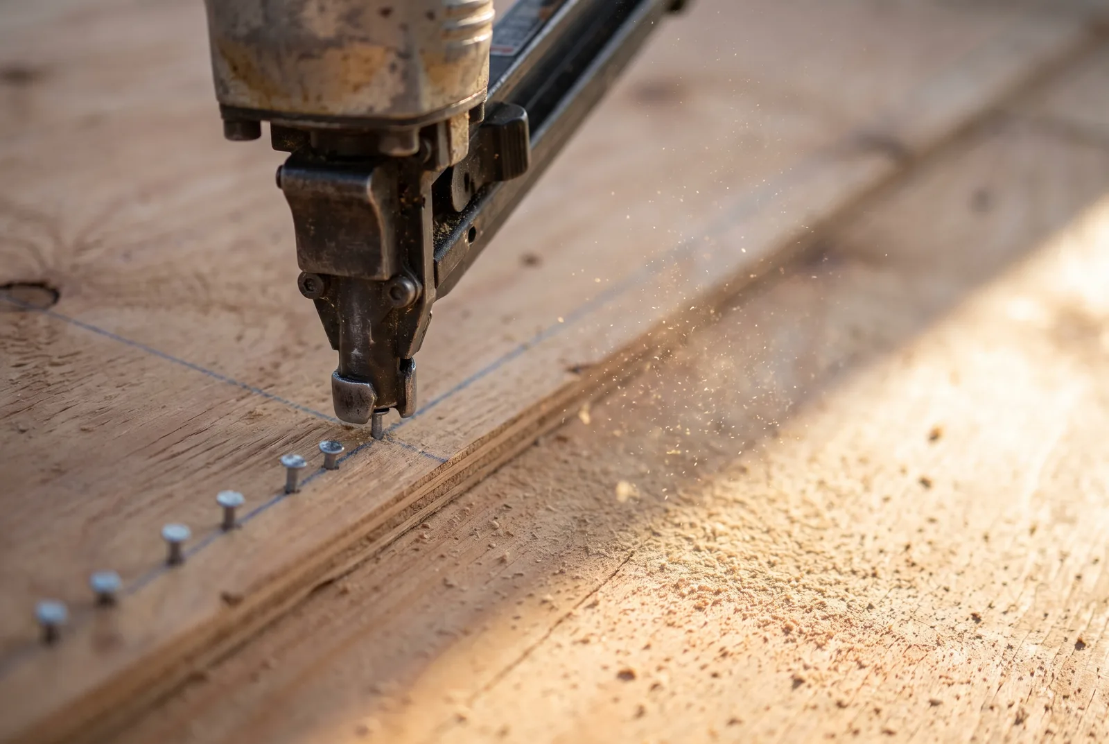 A nail gun setting ring-shank nails along a chalk line on roof decking