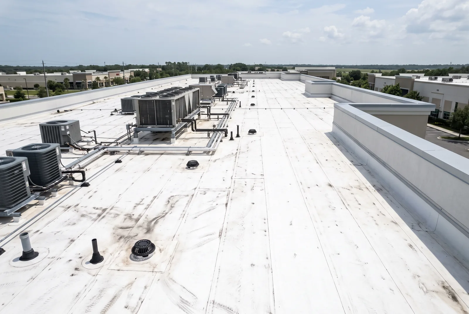 White TPO membrane flat roof on a Florida commercial building