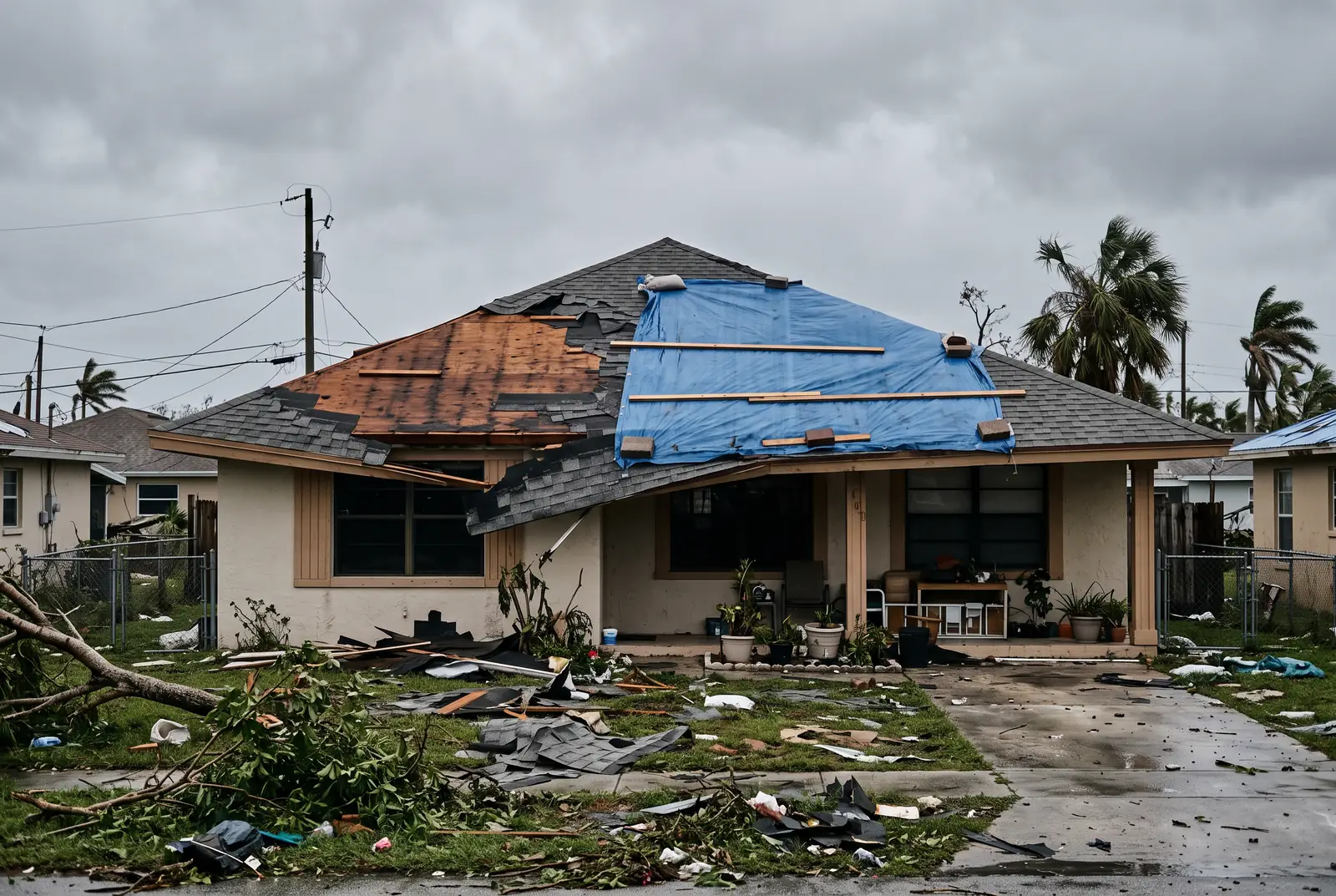 A Cape Coral home with storm damage and an emergency tarp