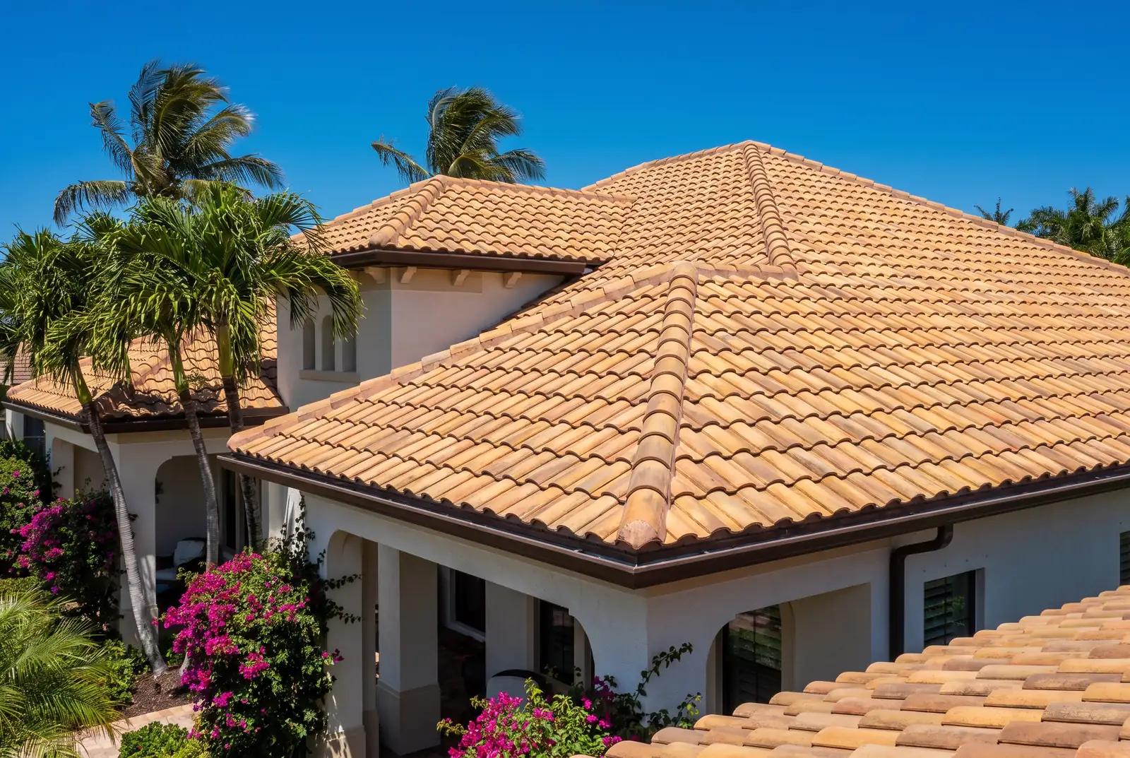 Terracotta barrel tile roof on a Mediterranean style Florida home