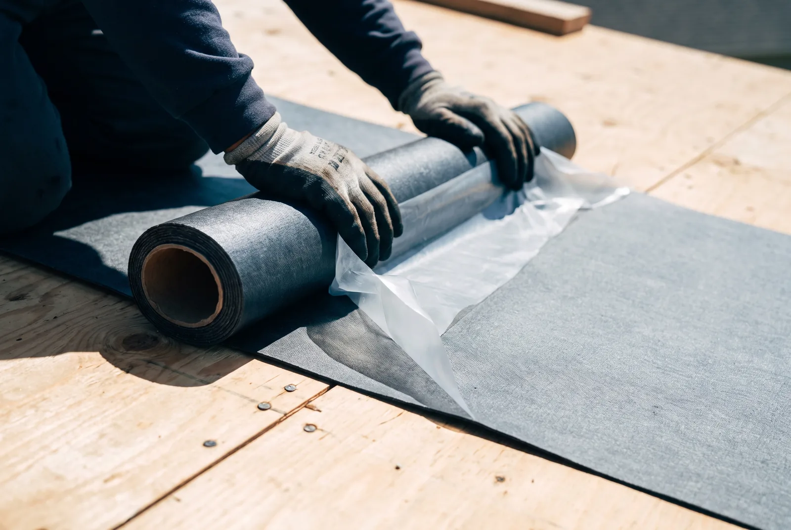 Self-adhered underlayment being rolled across bare plywood decking